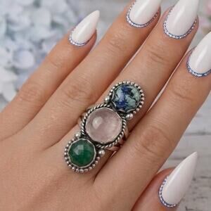 Emerald |Green Amethyst | Chrysocolla |Three Stone Ring | 10g Silver | SZ 10